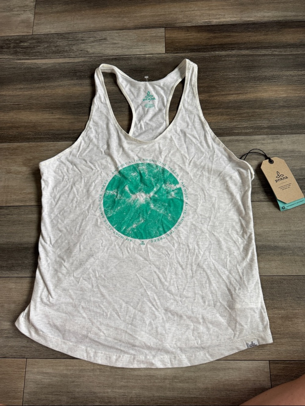 Prana White Racerback Tank with Teal Circle Graphic